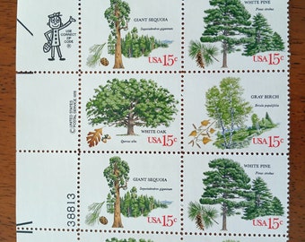 1978 15 Cent Mint US Stamps - Plate Block Strip of 16 Stamps - 4 Giant American Trees on Stamps - Commemorative Stamps of American Trees