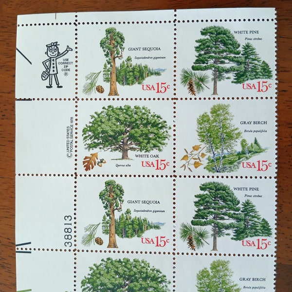 1978 15 Cent Mint US Stamps - Plate Block Strip of 16 Stamps - 4 Giant American Trees on Stamps - Commemorative Stamps of American Trees