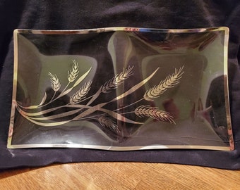 Vintage Glass and Silver Divided Dish With Wheat Design - Rectangular Mid Century Modern Divided Serving Dish - Silver Anniversary Gift