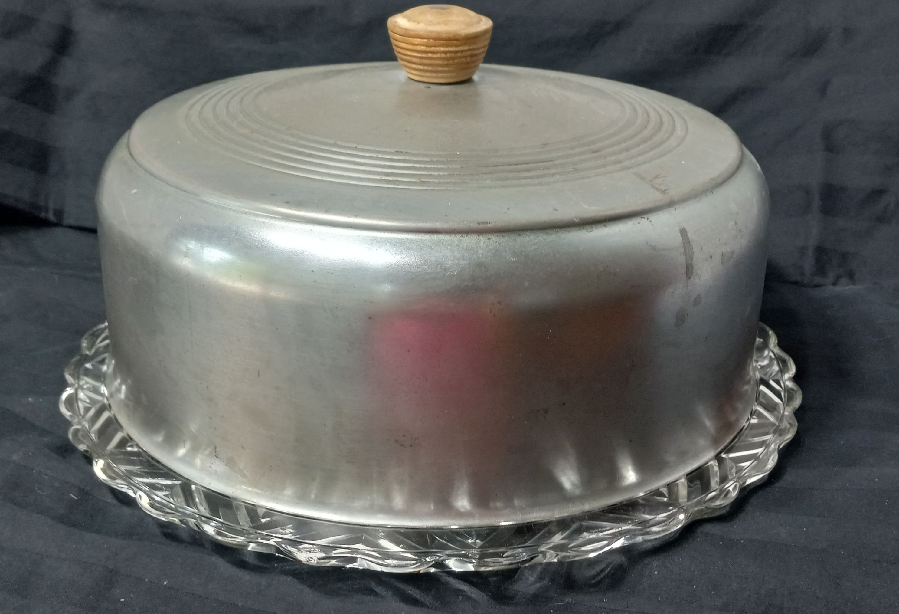 Clear Glass Cake Platter and Aluminum Dome Cover - Pressed Clear Glass Cake Platter and Aluminum Dome Cover - Pressed