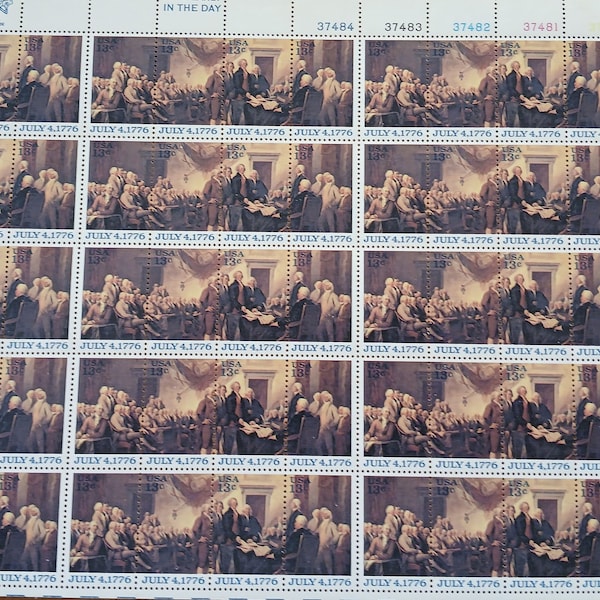 US Mint 13 cent Stamp, 1976 American Bicentennial Series, Declaration of Independence, 50 Stamp Mint Sheet USPS Stamps, Painting by Trumbull