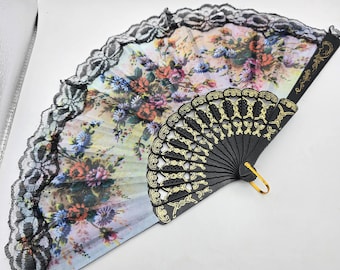 Abanico plegable de mano vintage – Encaje negro y tela pintada con motivos florales – Abanico de vestuario teatral de los años 50