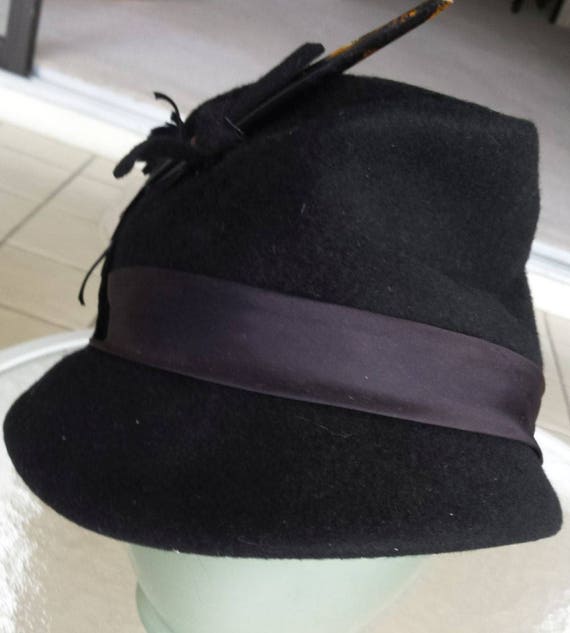 Vintage Black Wool Felt Hat with Feathers, Henry … - image 2