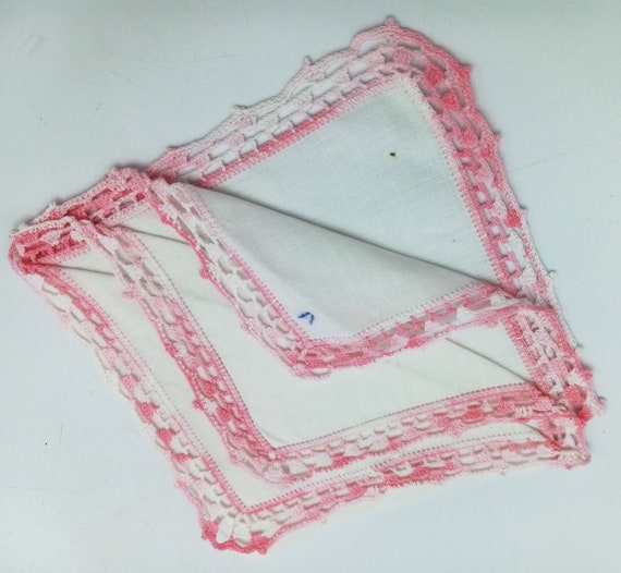 Pink Crocheted Edge Vintage Handkerchiefs, White … - image 4