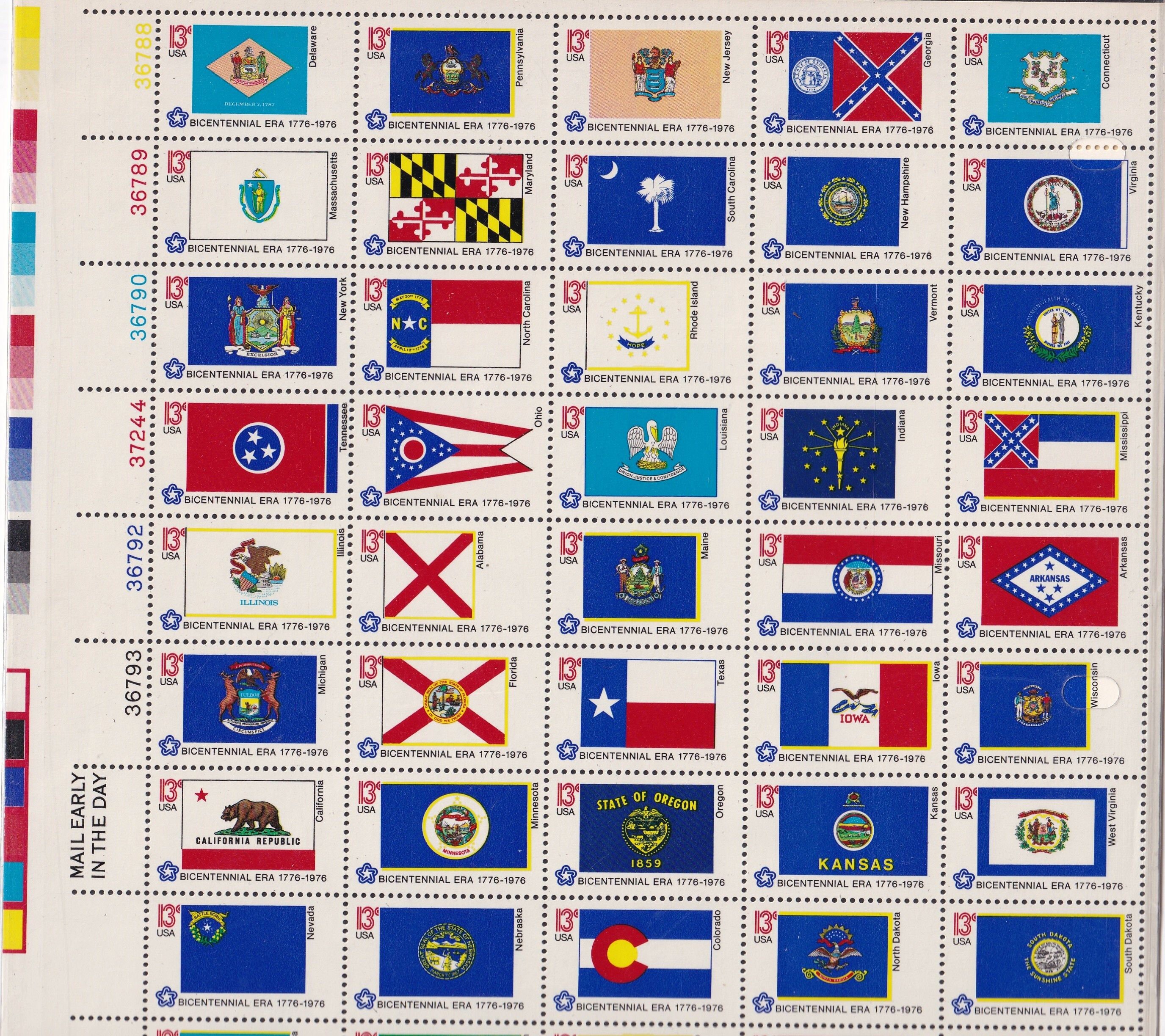 Bicentennial 1976 13 Cent State Flags Stamps - Pane of 50