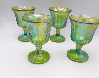 Iridescent Green Carnival Glass Goblets: Colony Harvest Carnival Set of 4