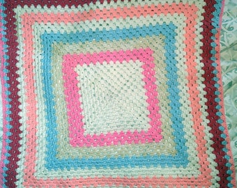 Vintage Baby Afghan Hand Crocheted - Vintage Never Used Baby Blanket- Baby Shower Gift Crocheted Blanket - Pink, White and Blue Baby Afghan