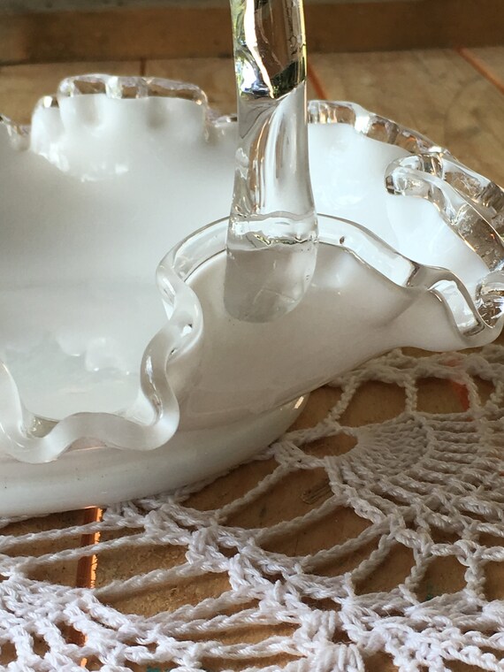 Fenton Silver Crest Milk Glass Basket, Ruffle Edged, Vintage Art