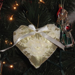 3 Victorian Heart Shaped Gift Tie Ons - Valentine, Wedding or Christmas Ornaments - Nostalgic Christmas - Soft Gold Lame and Lace Hearts