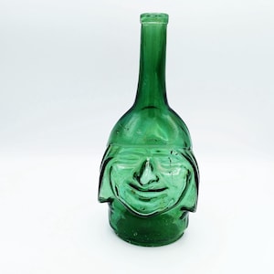Ranuzzi Green Glass Inca Man Head Bottle, Vintage Emerald Green Bottle, Lima Peru Bottle, Figural Empty Bottle 1960s, Heavy Green Bottle