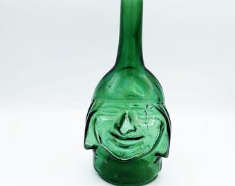Ranuzzi Green Glass Inca Man Head Bottle, Vintage Emerald Green Bottle, Lima Peru Bottle, Figural Empty Bottle 1960s, Heavy Green Bottle