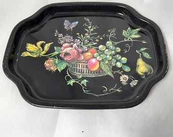 Black Enamel Metal Tray - Fruit and Flowers Hand Painted Tray - Small " Elite" Tray from England - Black Enamel Tray with Butterfly n Fruit