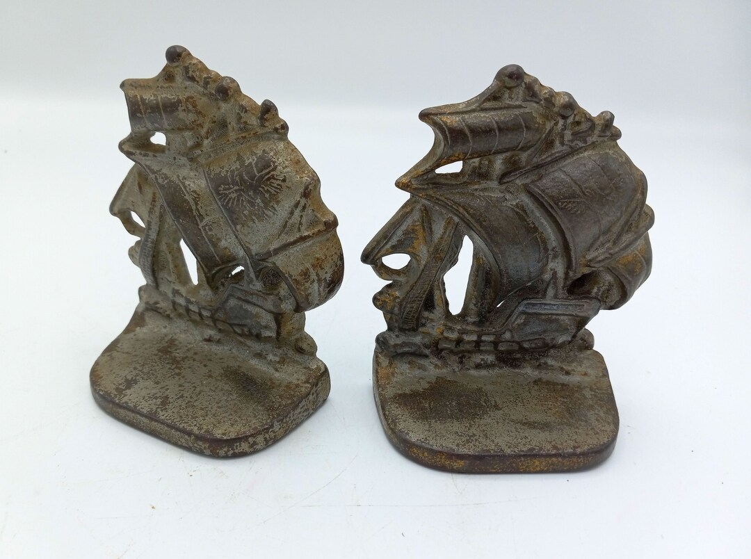 Vintage Cast Iron Spanish Galleon Bookends Pair of Heavy Sailing Ship