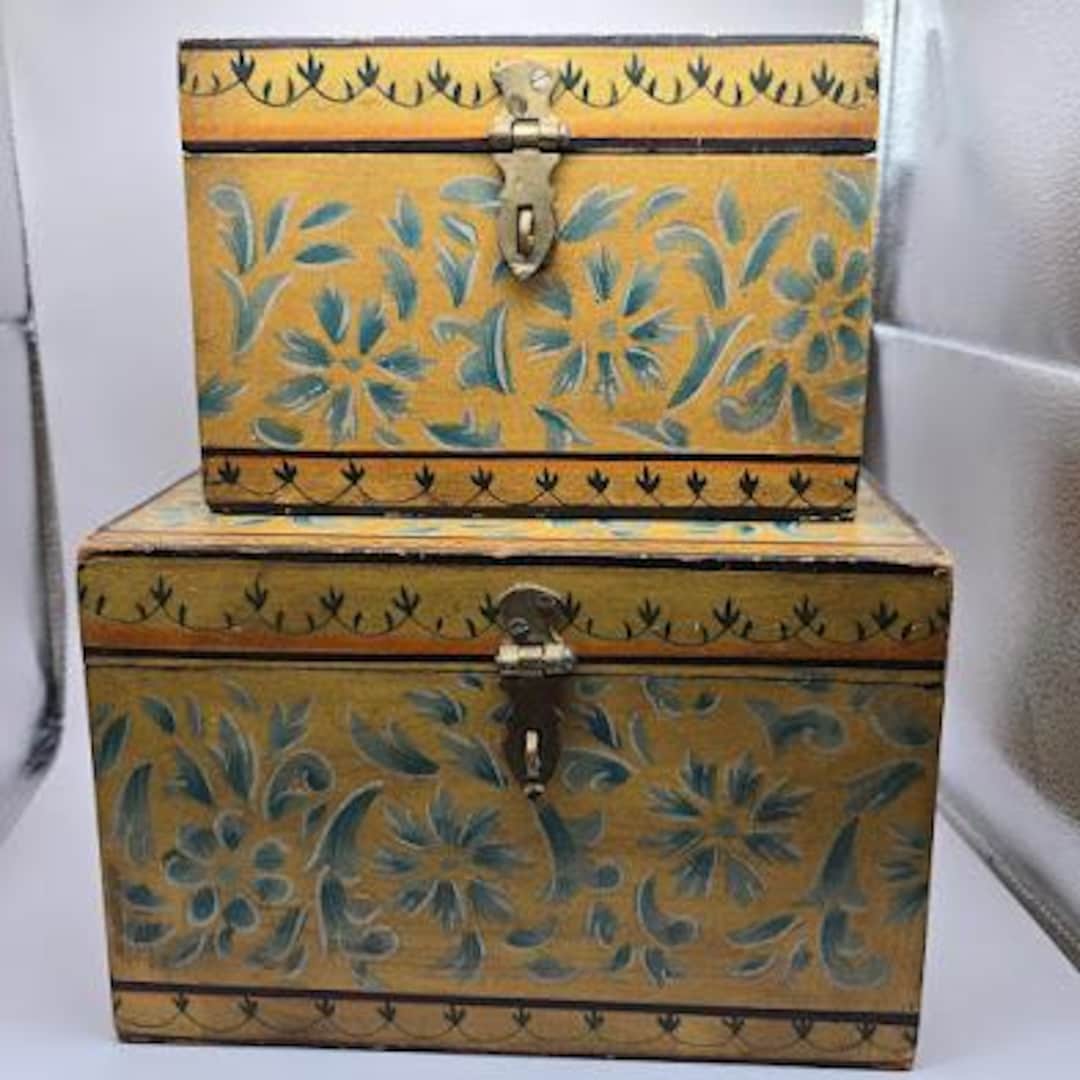 Hand Painted Wooden Boxes: Vintage Floral Stenciled Keepsake Set