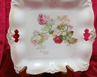 Vintage Floral Porcelain Serving Tray, Two Handled 9" German Plate