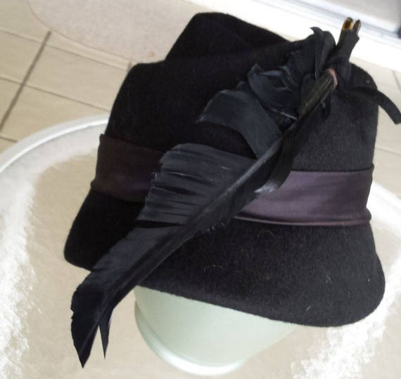 Vintage Black Wool Felt Hat with Feathers, Henry … - image 5