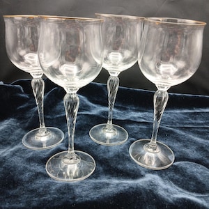 Four Clear Wine Goblets, Trousseau (Newer) by Mikasa, Fine Gold Trimmed Stemware, Pretty Twisted Stem Glasses, Blown Glass Wine Glasses