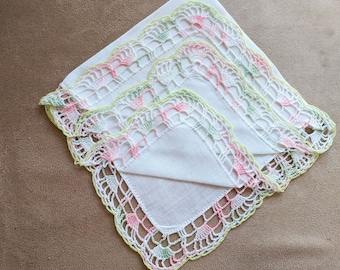 Vintage White Linen Handkerchief - Hand Crocheted edged, Pink and Green Variegated - 1950s