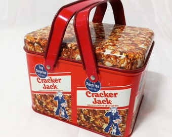 Cracker Jack Lunch Box Tin, Cracker Jacks Toy Inside Tin Folding Handles, Lidded Basket Cracker Jacks Tin, Cracker Jacks and Peanuts Cover