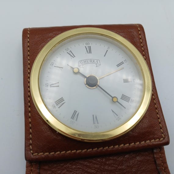 Rare Vintage Ghurka Travel Alarm Clock: Trifold Leather Case, Made