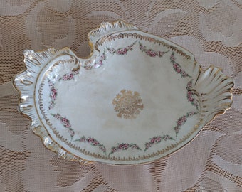 Antique China Pickle Dish by Homer Laughlin, King Charles Pattern - VERY RARE - Flower Chain Embossing with Gold Trim