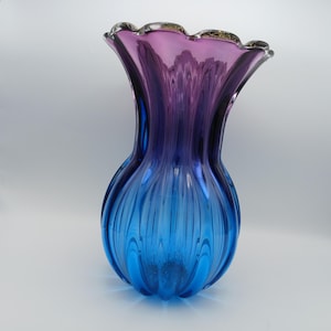 Vintage Murano Art Glass Vase, Blue Purple and Gold Vase, Large Mid-Century Murano Vase, Decorative Art Glass, Italian Hand-Blown Glass Vase