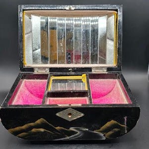 Vintage Japanese Black Lacquered Music Jewelry Box, Hand Painted Jewelry Box Plays Swan Lake, Velvet Lined Mirrored and Footed Trinket Box,