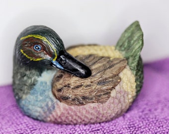 Vintage Ceramic Duck Figurine, Hand Painted Preening  Duck, Blue Eyes Black Beaked Duck - Rustic Décor, Man Cave Décor, Gift for him