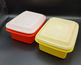 Tupperware Lunch Boxen oder Aufbewahrungsbehälter, Ernte Gold und Paprika Orange Oblong Boxen mit durchsichtigen Deckeln, 1970er Jahre "Pak N Carry" Boxen