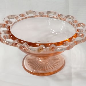 Round Compote &quot;Lace Edge Pink&quot; by ANCHOR HOCKING - AKA Old Colony Pink Depression Glass - Pink Pedestaled Dish - Pierced Edge Candy Dish