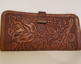 Vintage Hand Tooled Leather Wallet -  Brown Leather Wallet of Mexican Tooled Leather in Tropical Forest Pattern