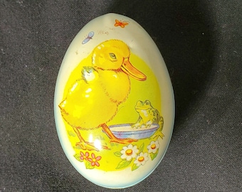 Vintage Tin Litho Easter Egg Candy Container -  Lithograph Easter Chick with Frog and Hatching Chicks - English Tin egg for Candy