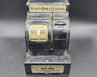 Uncle Sam's Metal Cash Register Bank, Vintage 1950s - Black Metal Bank Made by Durable Toy and Novelty Corp, NJ - 3 Coin Locking Bank