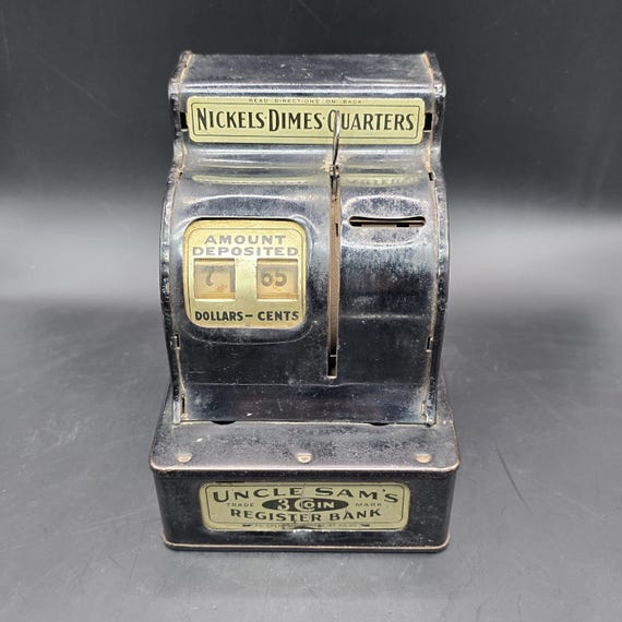 Uncle Sam's Metal Cash Register Bank, Vintage 1950s - Black Metal