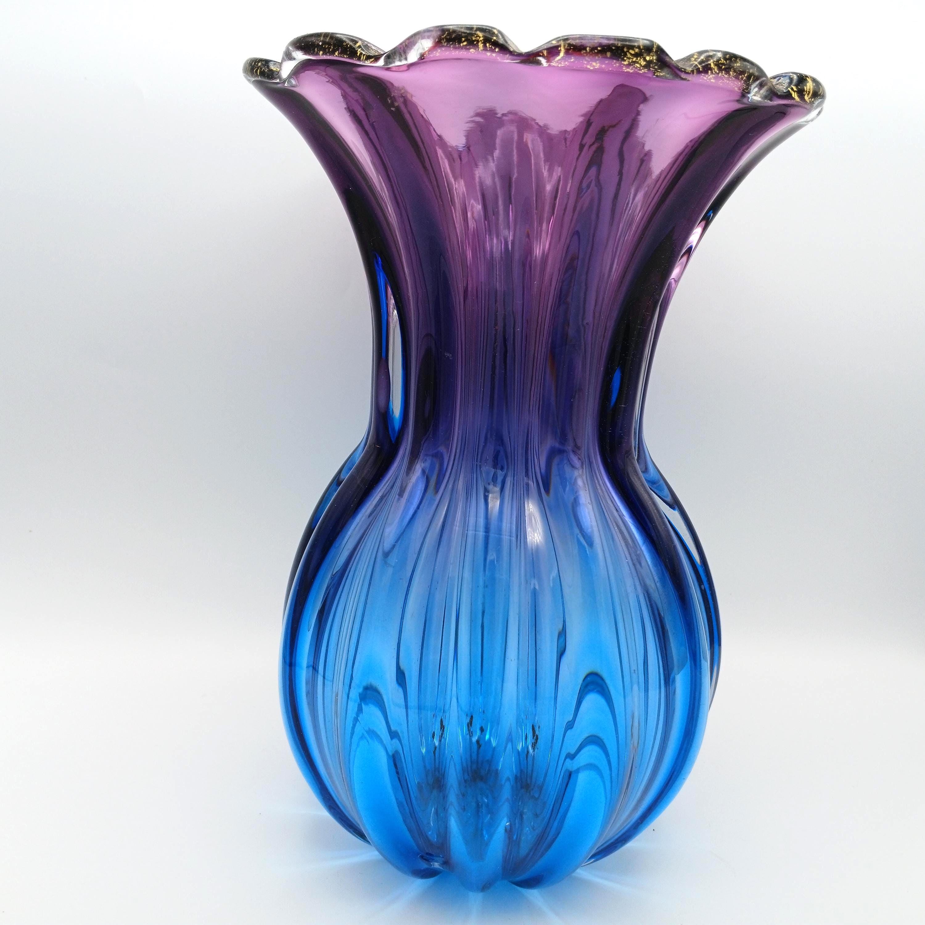 Mid-Century Murano Art Glass Vase: 12" Blue, Purple Vase with Gold Ruffled Rim