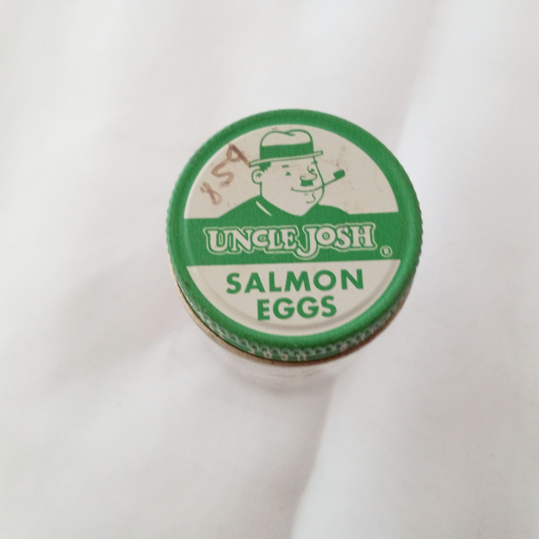 Empty Uncle Josh Salmon Eggs Screw Cap Jar, Clear Jar With Green