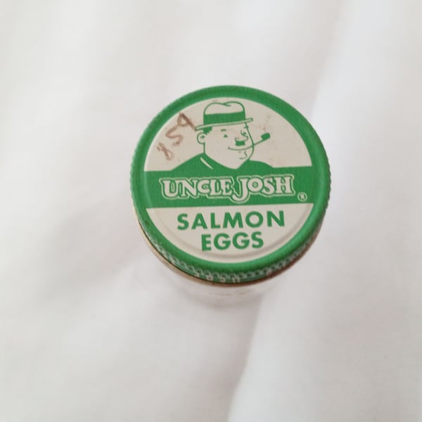 Empty Uncle Josh Salmon Eggs Screw Cap Jar, Clear Jar with Green and White Cover, Fisherman's Memorabilia, Jar for Cured Roe Trout Fishing