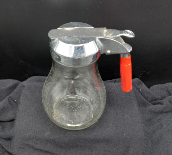 Vintage Glass Syrup Dispenser Pitcher With Chrome Top and Red Etsy