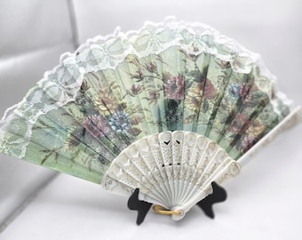 Exquisite Vintage Hand Folding Fan - White Lace, Flowers on Pale Green Fabric - Ladies Theatrical Costume Fan