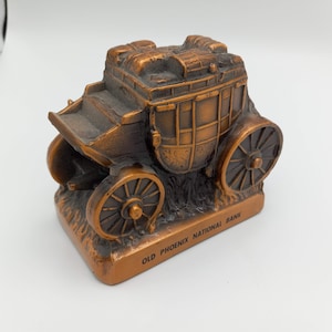 Vintage Cast Iron Stagecoach Bank - Copper over Iron Piggy Bank - Old Phoenix National Bank Memorabilia - Banthrico, Inc. Metal Coin Bank