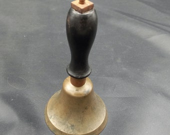 Antique Brass Hand Bell, Vintage Small School Teacher's Desk or Table Bell, Brass School Bell with Wood Tone Handle. Bright Sounding Bell