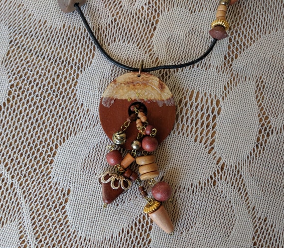VTG Handcrafted  Cord , Wooden beaded With  Featuring a Carved Dark Metal Vintage Jamaican Necklace and Wood Pendant, Handmade Wood  main image 2