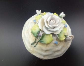 Vintage Ceramic Covered Trinket Dish Box - Sculpted Flowers on Shallow, Round Box - Ceramic Vanity Powder Box in Style of Capodimonte