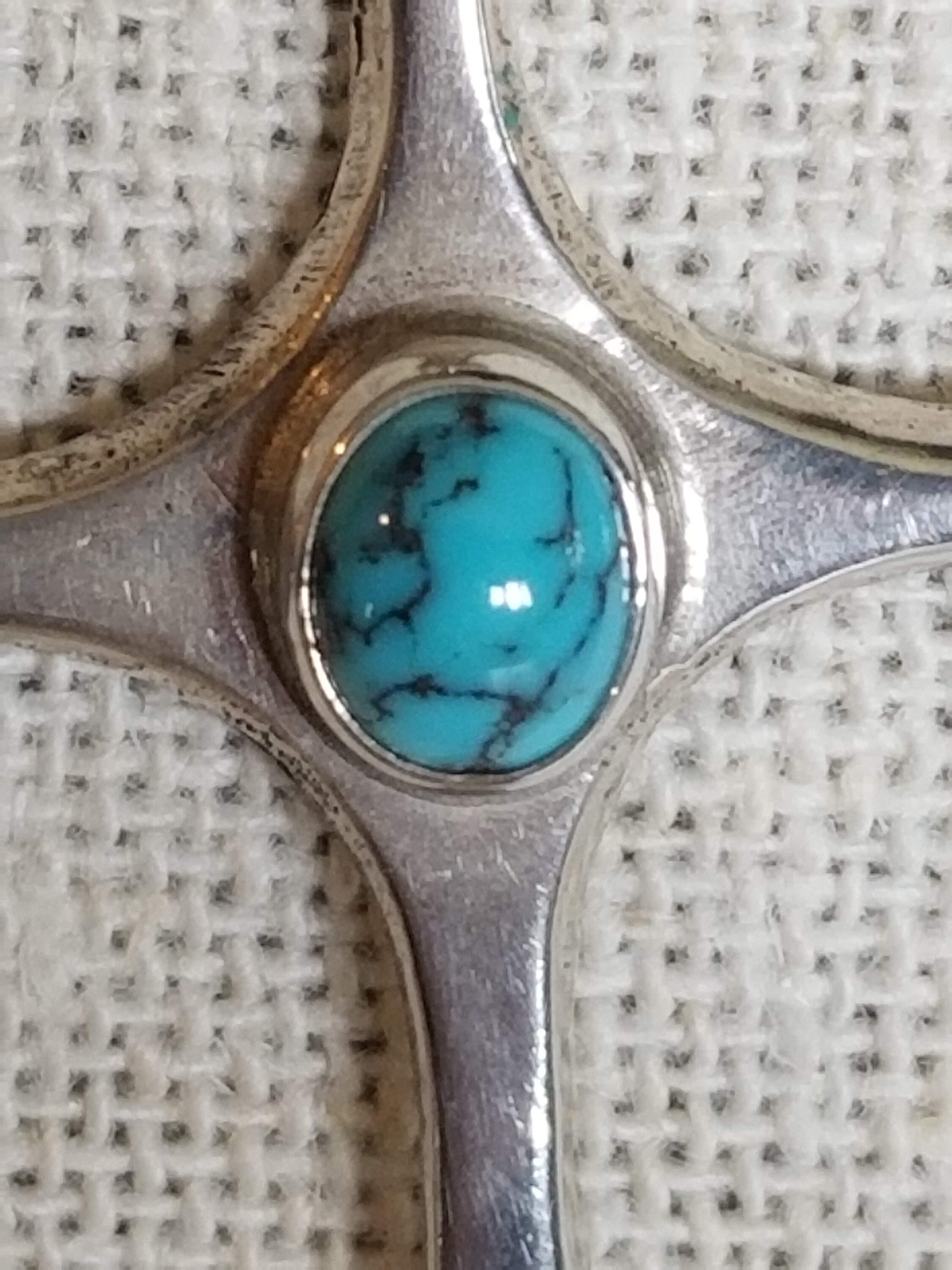 Croix Navajo Argent Sterling - 7 Roses & 7 Turquoises Véritables - Collier - Occasion Excellent État