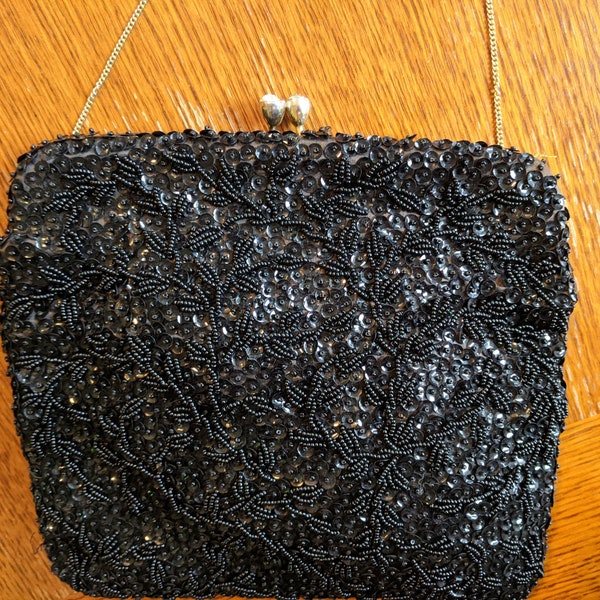 Black Beaded Purse, 1950s Evening Bag with Chain Strap - Vintage Hand Bag - Mid Century Glamour Purse - Intricate Workmanship