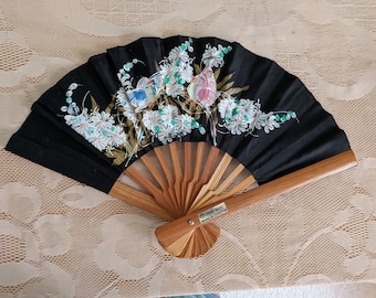Unusual Vintage Fabric Fan from Thailand - Hand Held Folding Fan - Hand Painted on Black Fabric, Bamboo Frame - Theatrical Costume Fan