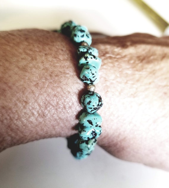 Turquoise Nugget Bracelet with Sterling Silver Be… - image 1