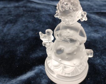 The Botanist, Vintage Goebel Lead Crystal Figurine, 3.5 Inch Girl with Bird at Her Side, Gift for Her, Hummel Frosted Glass Figurine