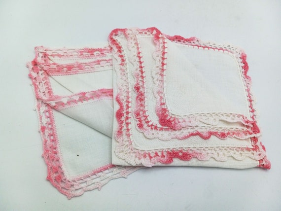 Pink Crocheted Edge Vintage Handkerchiefs, White … - image 1