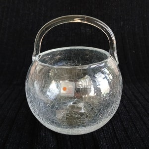 Blenko Crackle Glass Basket, Clear Crystal Art Glass Basket, Vintage Blenko Crackle Glass Bowl with Handle, Crystal Basket Bowl or Vase